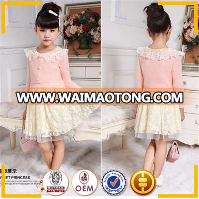 New Spring Small children Fause two pieces of Lace cashmere yarn dress